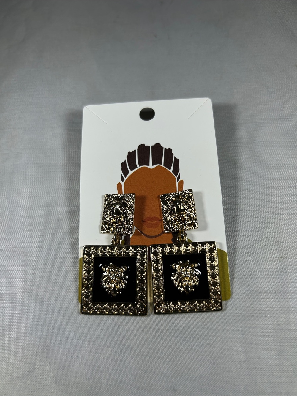 Gold-Tone Lion Head Black Enamel Square Drop Earrings